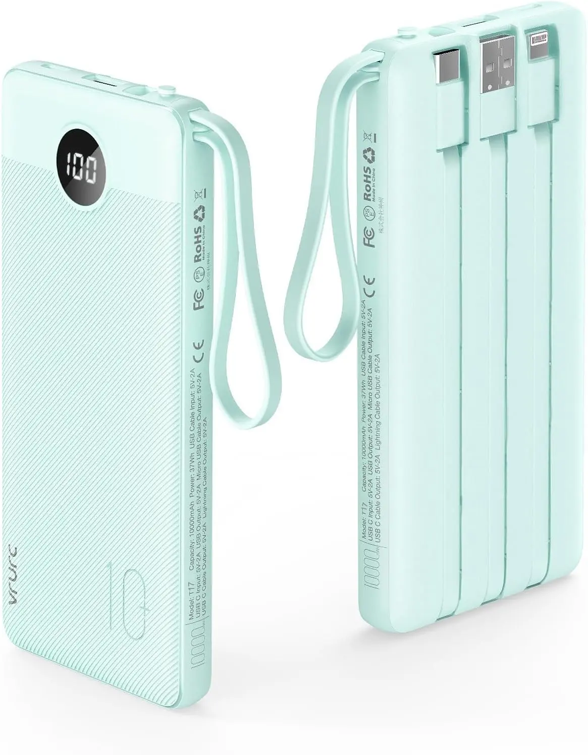 VRURC 10000mAh 22.5W Fast Charging Power Bank with 4 Built-in Cables USB-C Portable Charger LED Display for iPhone Samsung Android