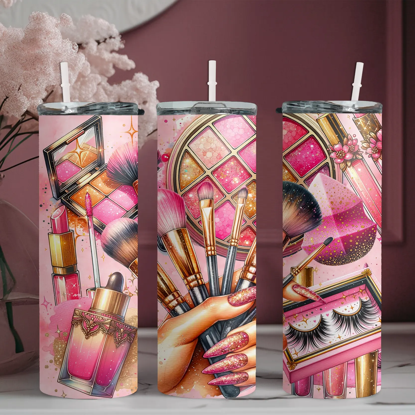 20oz stainless steel water bottle with straw, Makeup pattern surrounds the makeup brush in the hand skinny tumbler, suitable for fitness, travel, driving, and daily use at home. A great gift for family and friends | 1pc