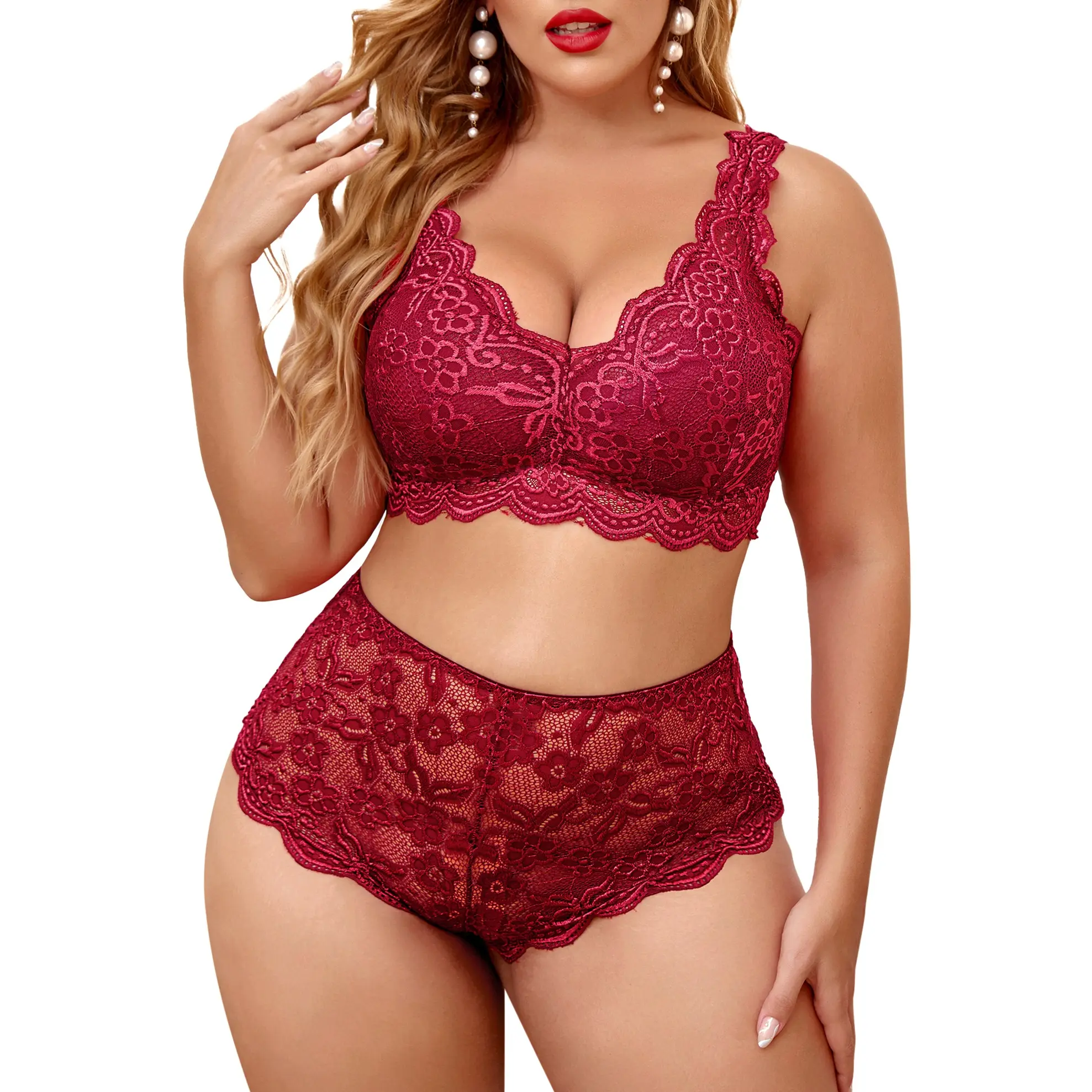 Avidlove Women's Plus Size 2-Piece Lingerie Set, Cute V-Neck Lace Halter Bralette & High Waist Panty with Hook-and-Eye Closure, Polyester Soft Stretchy Comfy Fabric, Floral Design, Fits Lady
