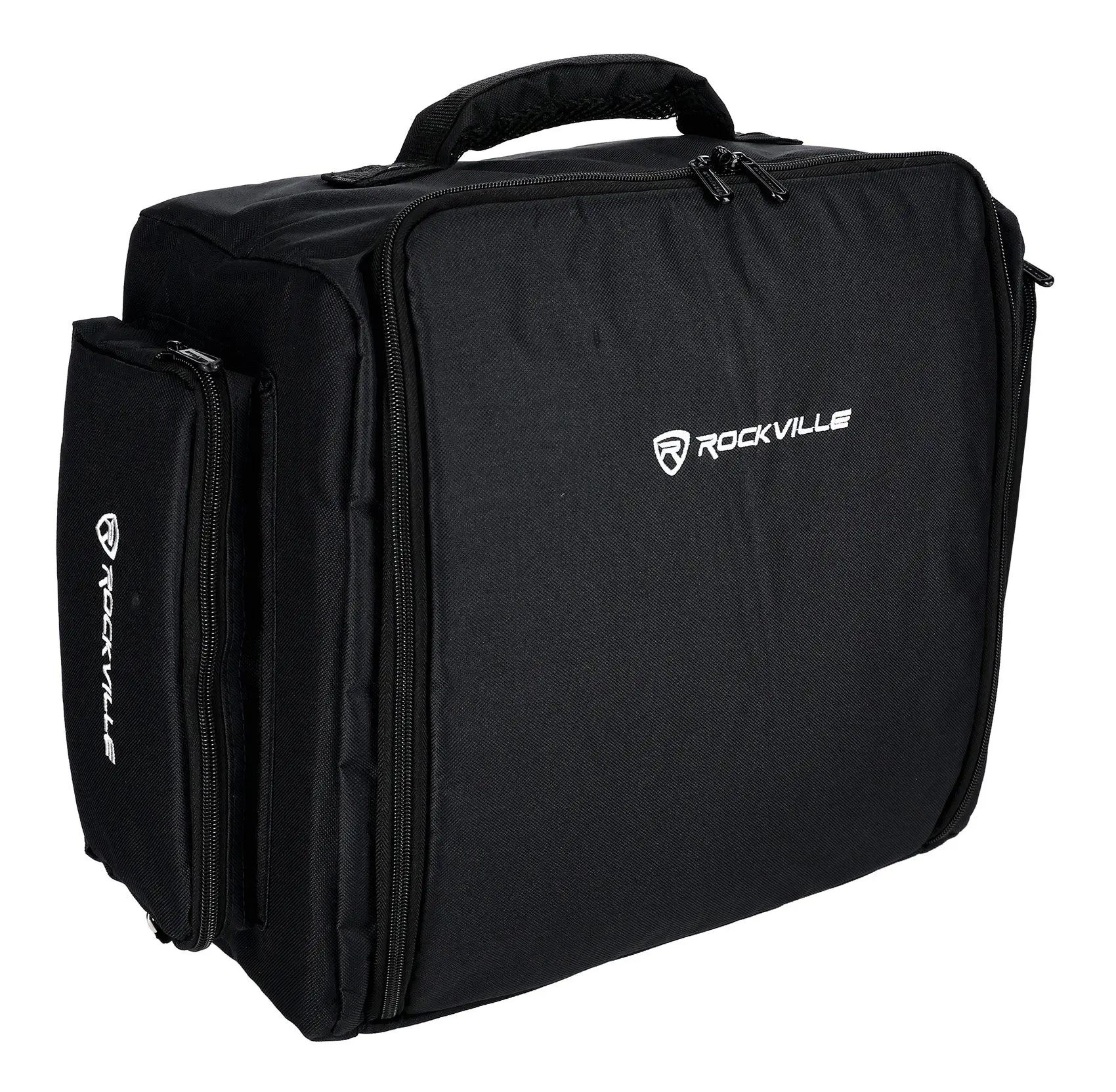 Rockville DJ Backpack - 1.8 lbs Lightweight Multi-Compartment Bag with 10mm Foam Padding, Velcro Closures, 600D Nylon Tough 600D Zip Durability, Backpack or Handle Carry, Hands-Free Transport, 15.7"x7.8"x13.7" Luggage for DJs