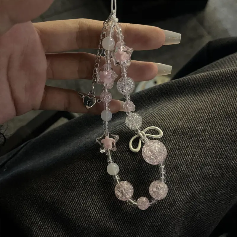 ins style sweet and cool light luxury girl pink flower burst beads alloy bow tie mobile phone chain phone case accessory Stylish Phone Accessories ccd camera chain bead string Phone Strap Phone Charms