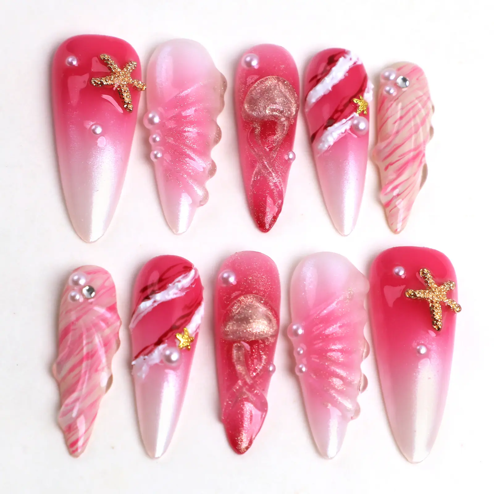 MuseMoodNails PG58 Mermaid's Cove Acrylic Nail Set - 100% 3D Handmade Press-On Nails, Almond Shape, Reusable Salon-Quality, Elegant for Daily Wear, Nail Press On Nails