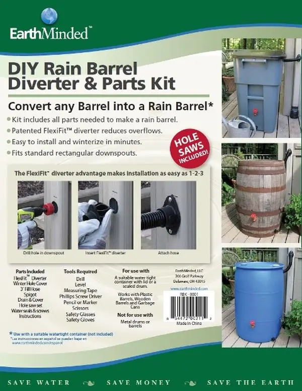 212 MAIN EarthMinded F-RN025 Portable Rain Barrel Diverter & Parts Kit, Fits Downspouts, DIY Watering Equipment (Barrel Not Included), Rain Barrel Watering Equipment