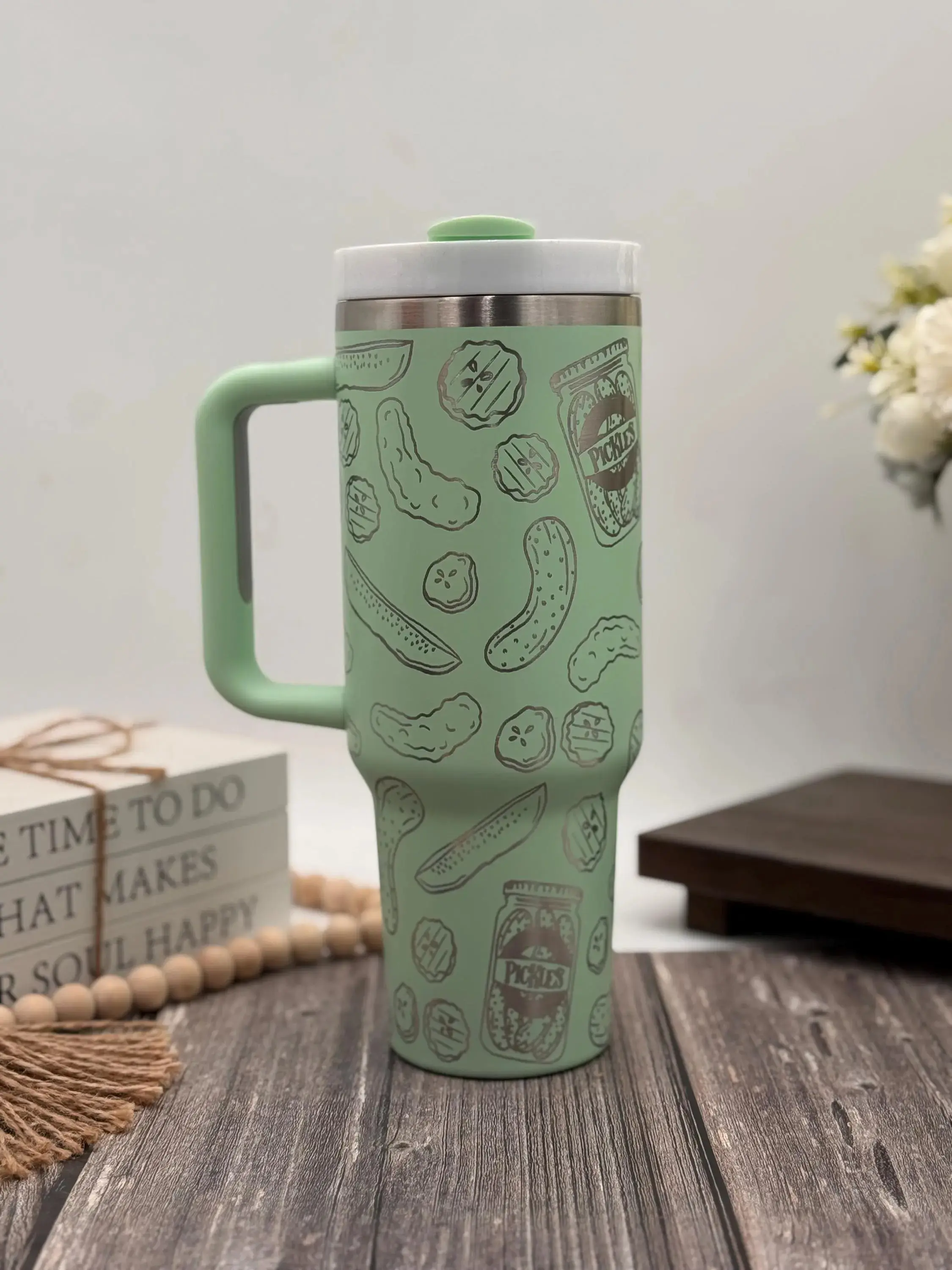 Pickles Engraved Tumbler | Handle and Straw | Cup Holder Friendly Travel Mug | Vacuum Insulated Water Bottle | Dill Jar | Pickle Lover Gift