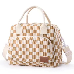 Nifogo Checkered Plaid Insulated Lunch Bag For Women Corduroy Fabric Multi Pocket Leakproof PEVA Liner Two Way Zipper Shoulder Strap Lightweight Wear Resistant For Work School Picnic