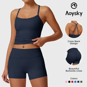 Aoysky Women's Buttery Soft 2-Piece Stretchy Suit Set, High-Waisted Booty Biker Shorts & Halter Padded Tank Tops, Sports Wear Training Clothes for Yoga Workout Activewear Yoga Gym Outfits