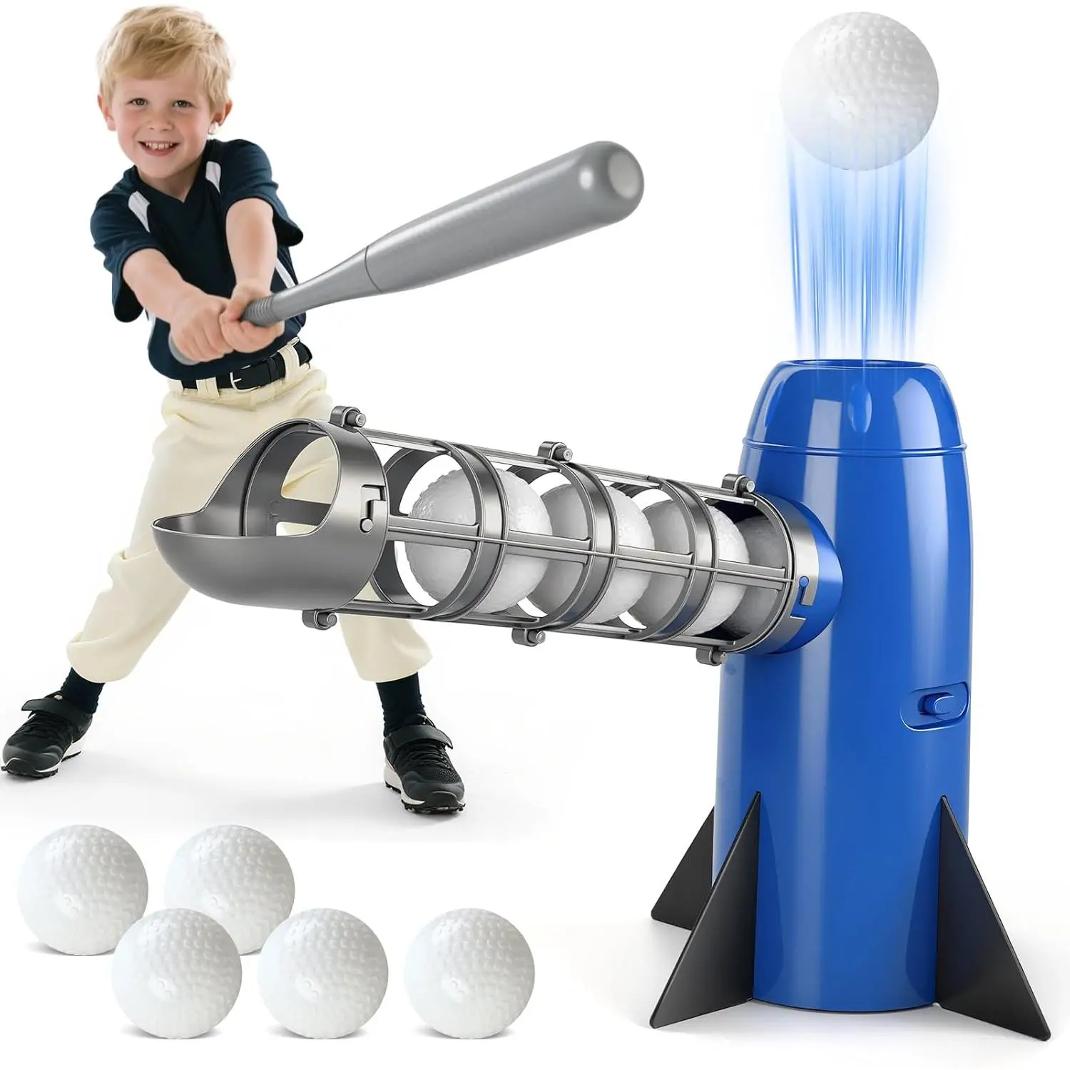 Kids' Automatic Baseball Pitching Machine - Batting Practice Equipment for 5 and Up, 6-8 Years, Includes 5 Soft Plastic Balls & Bat, Pop Up Tball Trainer, Blue (Ideal for Birthday & Holiday Gifts), Automatic Pitching, Budding Baseball Stars