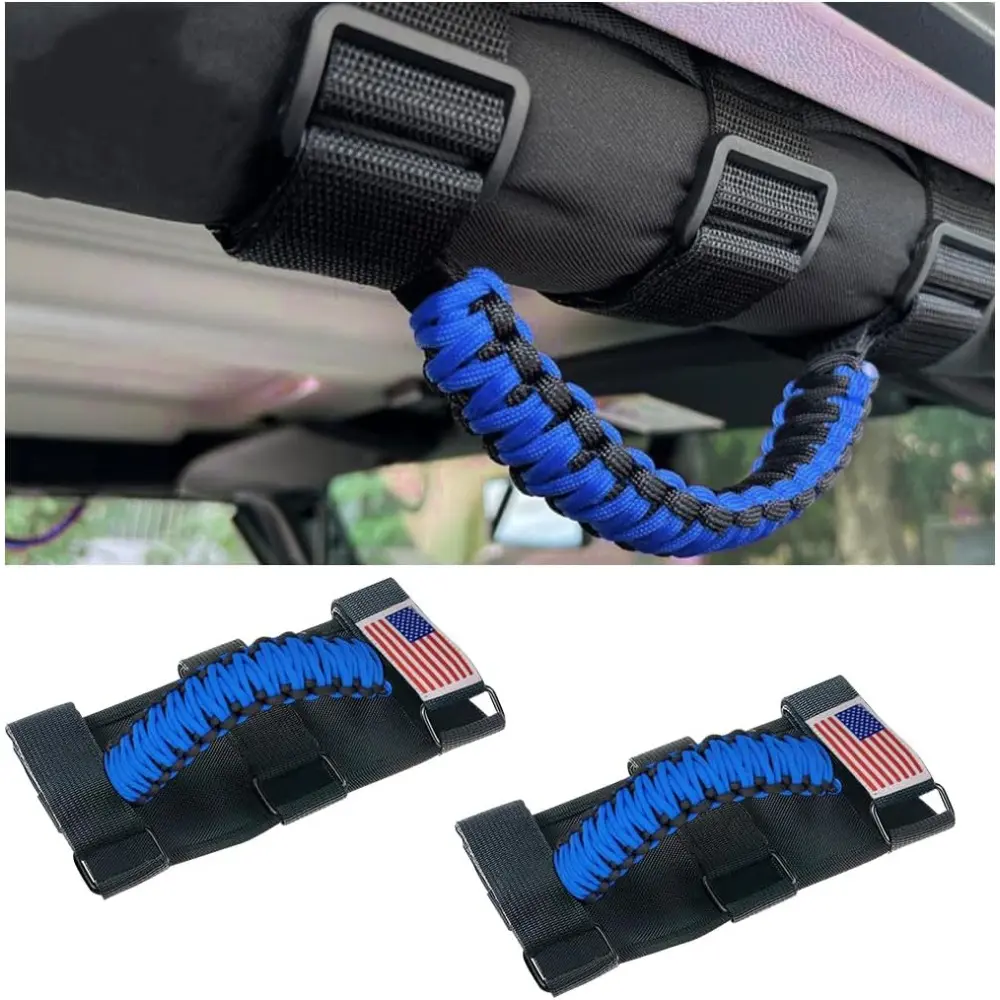 2PCS Roll Bar Grab Handles, Oxford Cloth Upgrade Metal Buckle Paracord Grip Handles, Durable and Strong Car Accessories, Compatible With Wrangler JL,JLU,JT,JK,JKU,TJ,LJ,YJ (Blue)