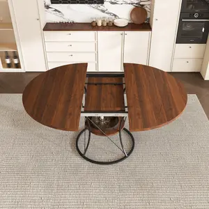 ARCH 43 inch Round Dining Table for 4-6, Expandable Farmhouse Kitchen Table with Storage Shelf & Metal Base, Brown & Black Extendable Wood Table from 43 to 59 inch, Large Round Table for Home (No Chairs)