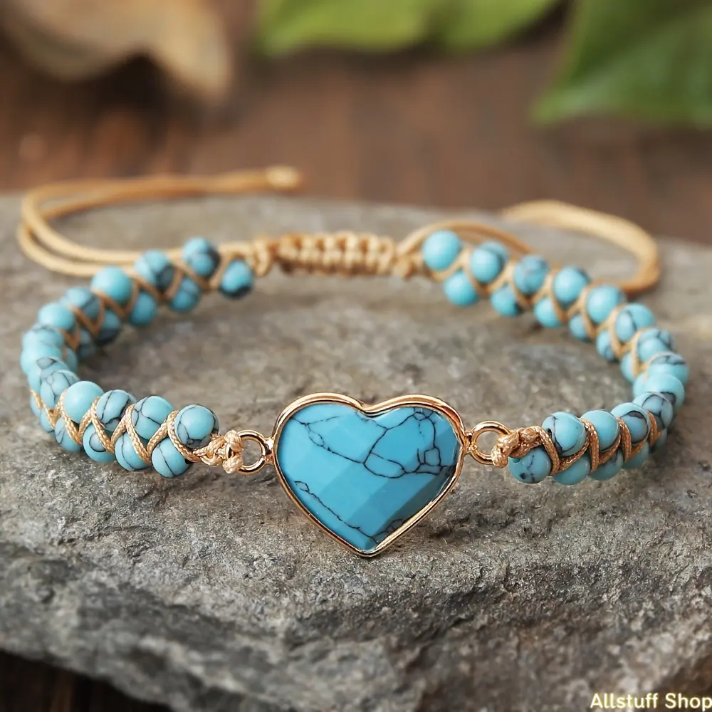 Turquoise Heart Bracelet for Women, Handwoven Bohemian Rope with Natural Stone and Stainless Steel Details, Birthday Gift, Rope Bracelet, Bohemian Bracelets tiktokshopbacktoschool