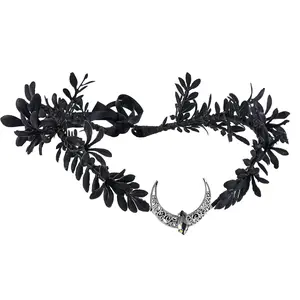 Black Moon Flower Crown - Handmade Gothic  Headpiece Woodland Dark Floral Headband Fairy Circlet for Renaissance Halloween Goth Wedding Party  Photo Shoot