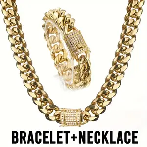 The Aristocrat's Gallery 6/8mm Gold Miami Cuban Link Chain & Bracelet Set with Diamond-Accent Classical Clasp Stainless Steel Iced CZ Necklace & Bracelet Kits for Men 7.5-30"