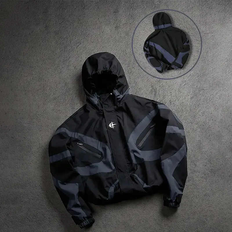 Men’s black-and-gray color-blocked multi-pocket jacket – a loose, versatile, trendy casual jacket suitable for streetwear, hiking/mountaineering, daily commuting, and outdoor activities.