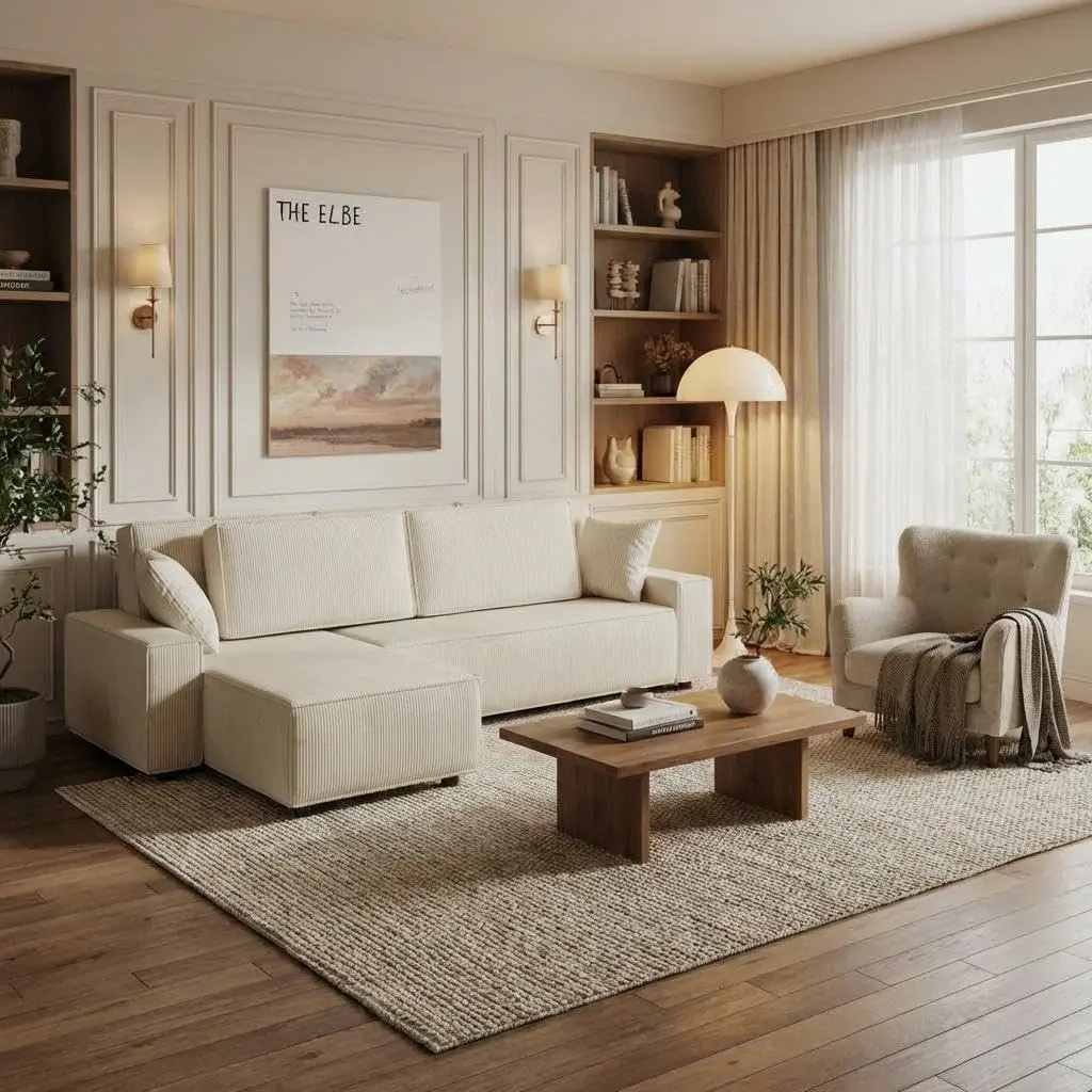 3-Piece Beige Fine Striped Corduroy L-Shaped Oversized Chaise Customizable Sectional Couch - Indoor Sofa with Deep Seat, Breathability, Comfy Modular Design, Coil Spring, Assembly Required, Bonus Lint Roller (61"d x 96"w x 32"h) for Living Room, Apartment