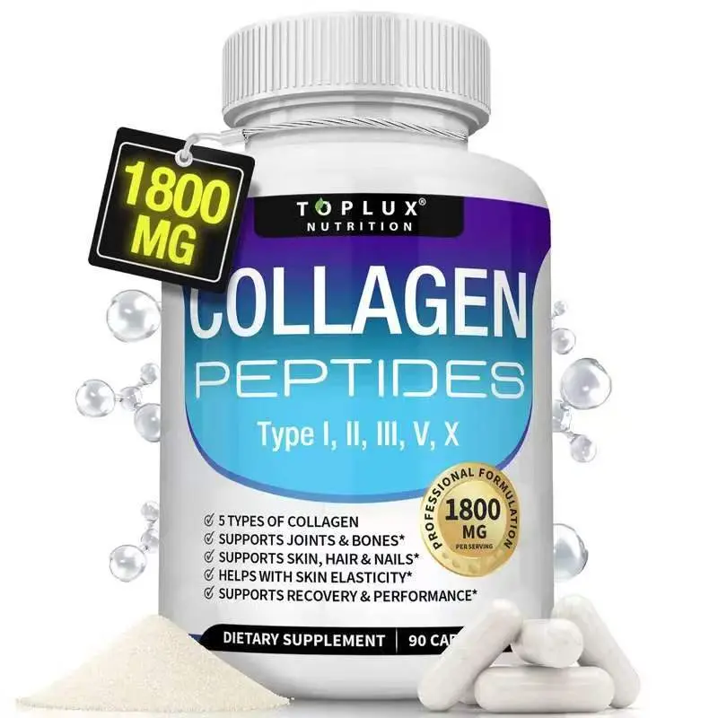 Toplux multi-type collagen peptide capsules 90pcs, 1800mg per serving, US-produced supplement for beauty and physical wellness