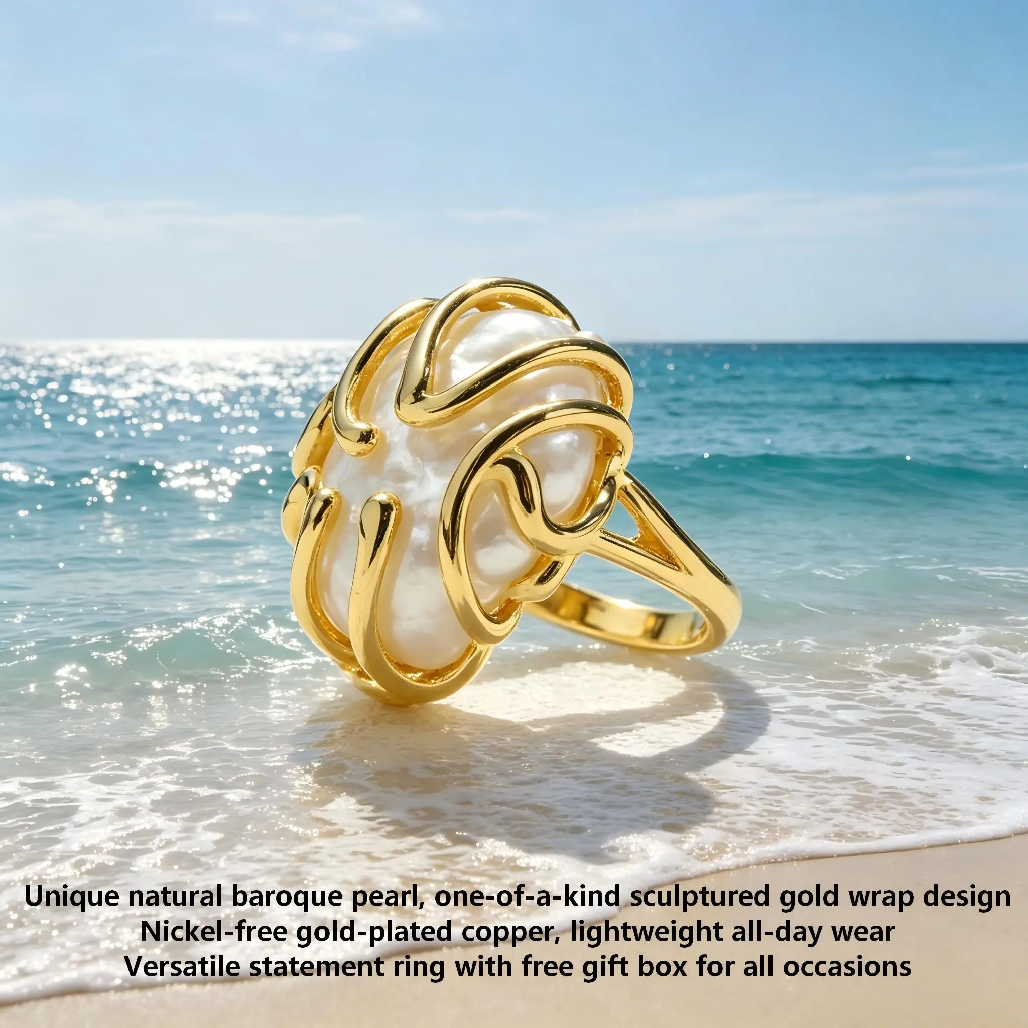 Women's Fashion Gold-Tone Baroque Pearl Statement Ring - Natural Freshwater Pearl, Copper Base, Hypoallergenic Curved Wrap Collectibles, 2.84cm × 2.27cm, Included Jewelry Box, Vintage Oval Design, Irregular Pearl