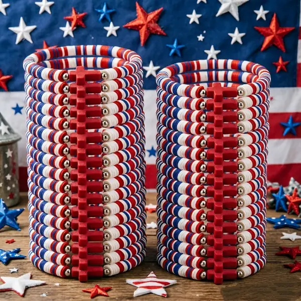 15Pcs Independence Day Bracelets Featuring Red, White, And Blue Cross Designs Made from Polymer Clay, Perfect for Celebrating The 4Th of July, Themed Around The USA Flag. Ideal Additions for Memorial Day And Veterans Day