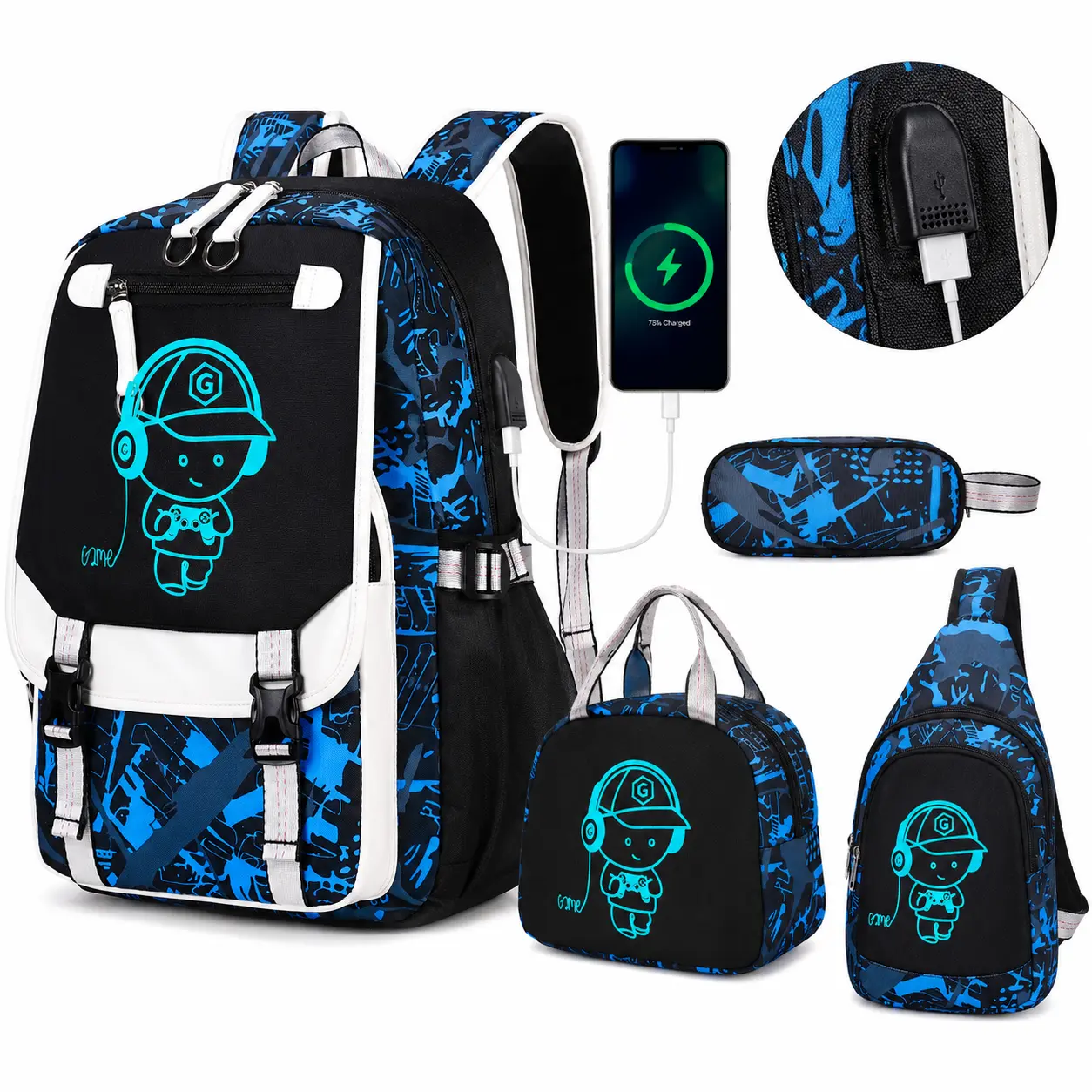 Similove 4PCS Backpack Set for Boys, Bookbag Glow In The Dark, Cool Luminous Boys Backpack with Lunch Bag & Pen Case, Sling Bag School Bags for Kids Children Teens Elementary Middle Schools,