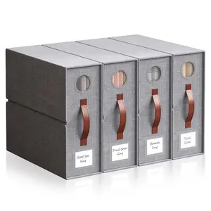 Linen Sheet Storage Boxes Foldable Closet Organizers with Clear Window Magic Tape Labels for King Queen Bedding Blankets,4/8 Pack ,Grey