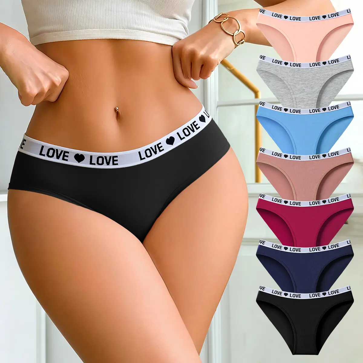 Hotcom Women's High-Rise Comfortable Fashion Casual Briefs Set - 7-Pack Mixed Color, Plus Size, Breathable Love Print Fabric, Machine Washable for Everyday & Activewear