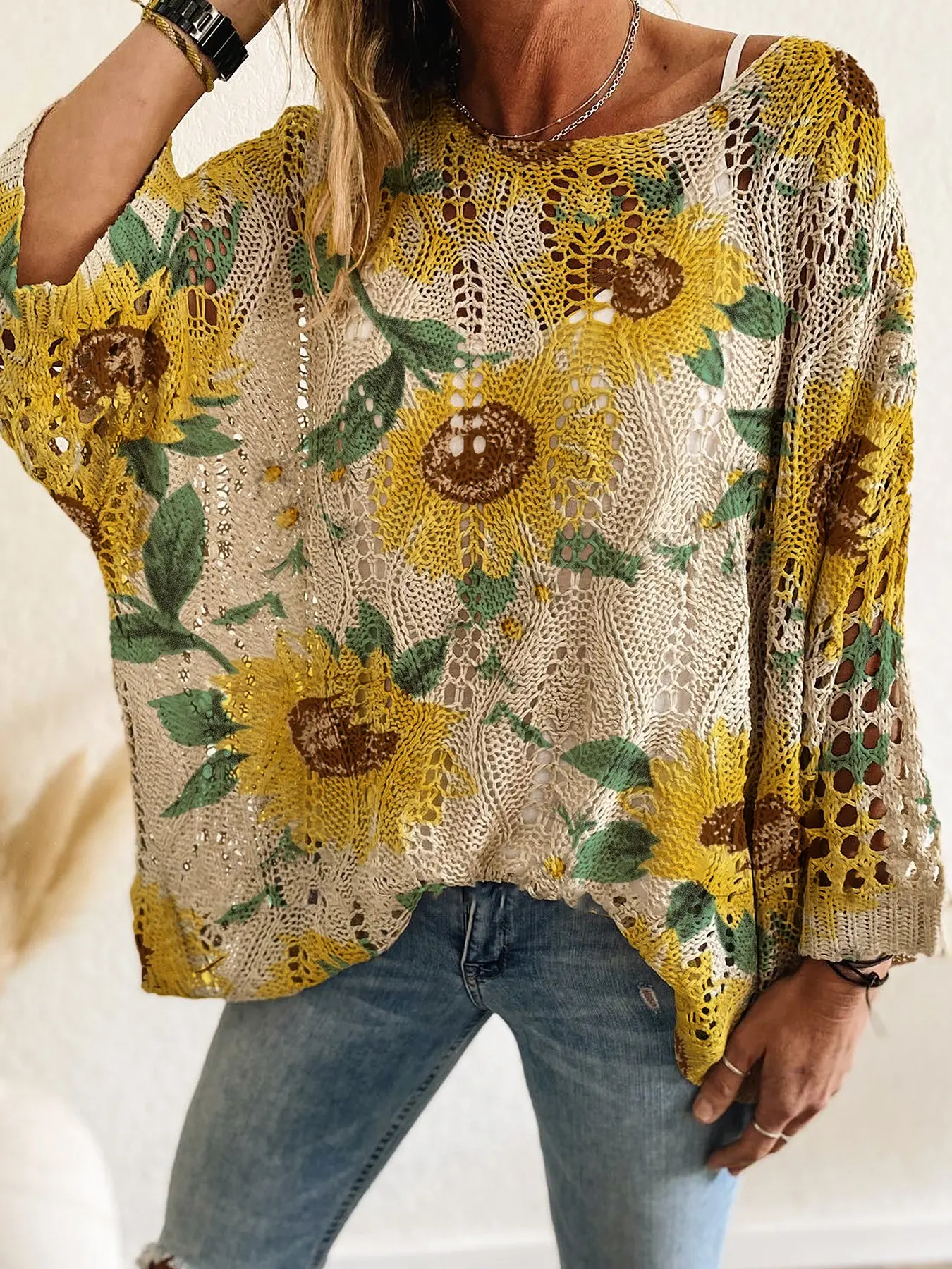 Women's Knitted Batwing Long Sleeve Floral Sunflower Top, Cross Back Design, Casual, Elegant, Fit & Everyday Style, Knitwear, Perfect for Spring/summer/fall/winter Seasons