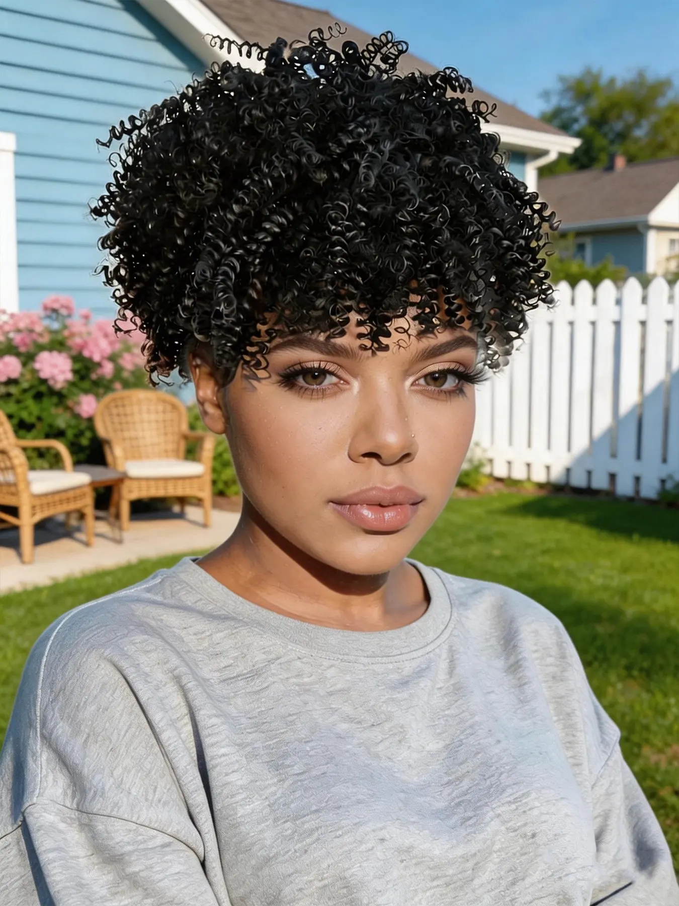 KAIRIYA 2-in-1 Afro Kinky Curly Headband Wig Afro Wigs for Black Women Synthetic Wig - Dark Brown Ombre High Puff Ponytail & Scarf Wrap with Bangs, Perfect for Holiday Parties, Synthetic Hair Wigs