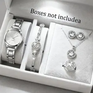 5-Piece Elegant Women's Silver Jewelry Set Small Dial Quartz Watch Stainless Steel Strap Matching Pieces Birthday Gift for Her