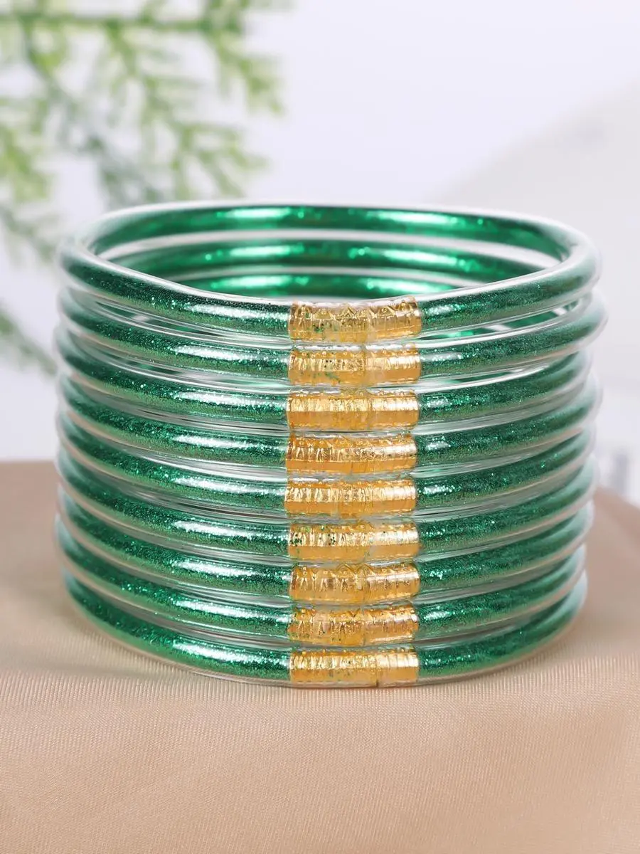 9-Piece Jelly Bangle Bracelets for Women, Trendy Solid Hue Bracelet Stacks, Stackable Jewelry for Party & Daily Wear, Party Wear, Solid Hues, Stacked Set, Basic, Female, Modern, Beads, Leopard Print, Champagne Gold, Beaded Bracelet Set, Fashionable Bracel