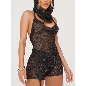Women's Sexy 3-Piece Set: Sequin-Knit Backless Asymmetrical Halter Top, Crochet Shorts, and Party-Style Hooded Headpiece—A Sexy, Body-Sculpting, Cutout Mini-Shorts Ensemble
