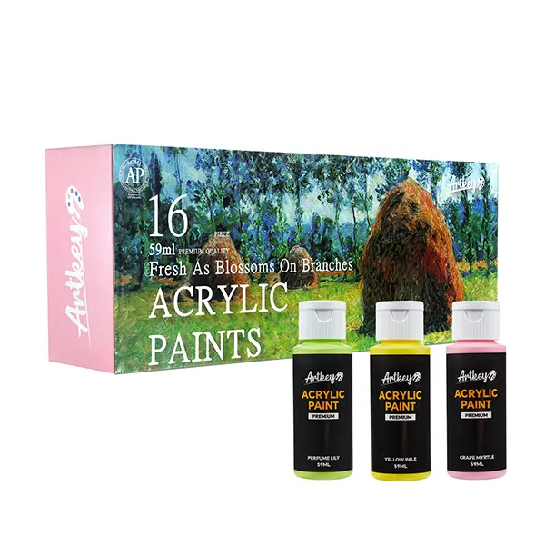 Artkey Acrylic Paint Set, 16 Colors (2 oz/59 ml Each), Pastel Acrylic Paint Kit for Canvas, Wood, Fabric, Rock, Leather, Ceramic & Glass