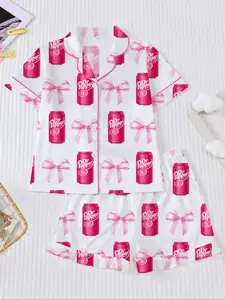 Dr Pepper Soda Can Bow Print Short Sleeve Pajama Set, Cartoon Sleepwear Two-Piece Suit, Casual Loose Fit Home Wear