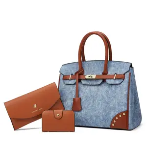Three-Piece Vintage Color-Block Handbag 2026 New High-End Office Commuting Shoulder Bag Versatile Fashionable Kelly Bag with Clutch & Wallet Set
