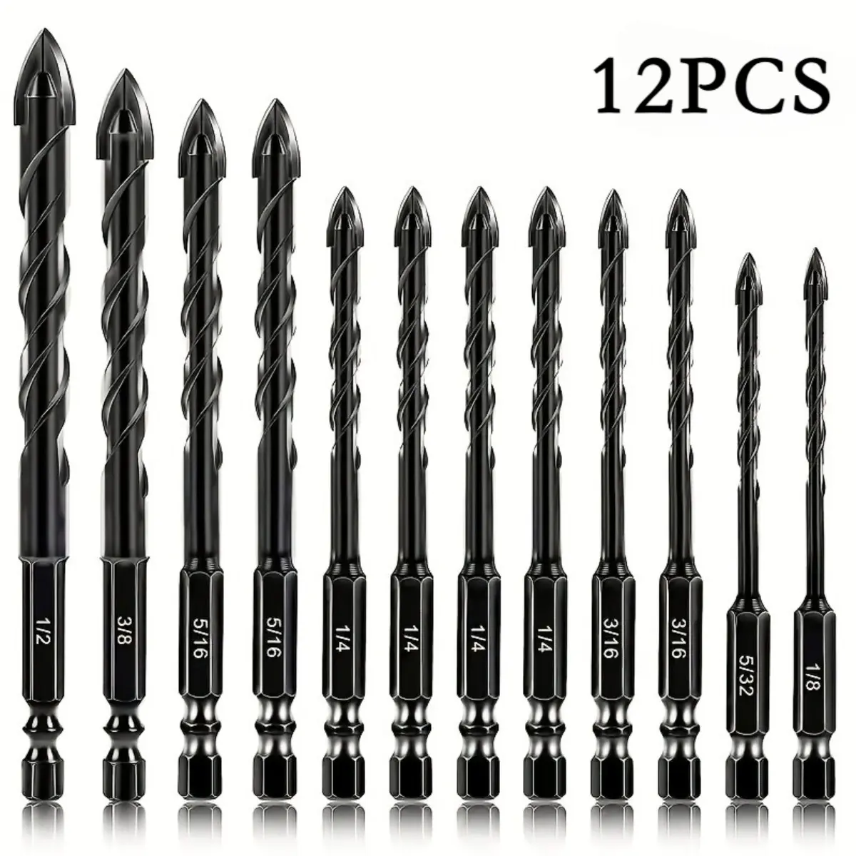 12PCS Tungsten Carbide Drill Bit Kit, Drill Bits Set, Hex Shank Impact Drill Bits for Concrete Cement Tile and Glass, Durable Multi Purpose Power Tool Accessories for Home Improvement