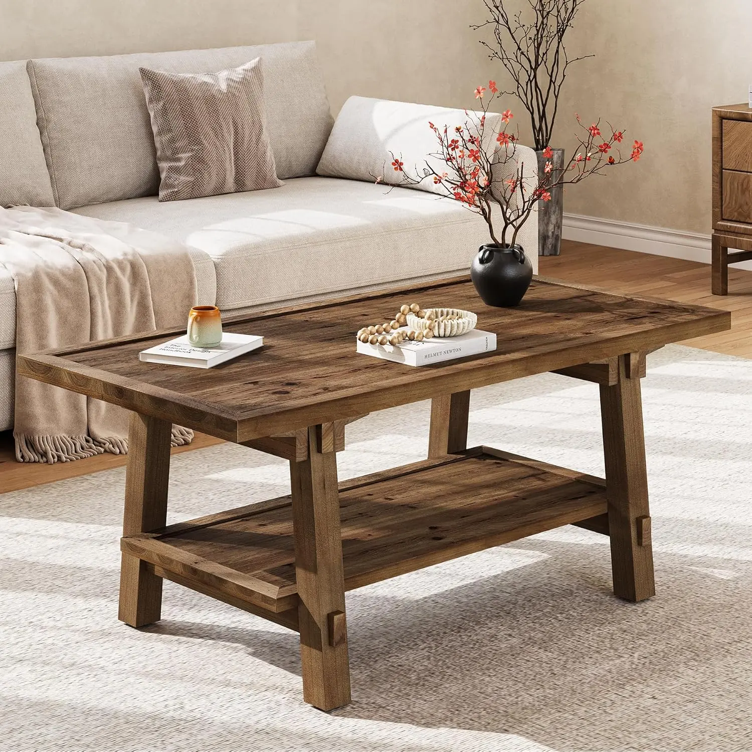 TRIBEWOOD 47-Inch Solid Wood Rectangle Coffee Table - Midcentury Modern Farmhouse Living Room Center Furniture, Rustic Look 2-Tier Storage Tier Sturdy Legs Vintage Brown Table for Apartment, Manual Assembly with Included Necessary Tools