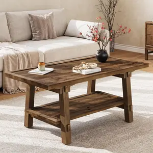 TRIBEWOOD Solid Wood Coffee Table, 47-Inch Farmhouse Rectangle Coffee Table for Living Room, 2-Tier Rustic Wooden Center Furniture with Storage, Vintage Brown