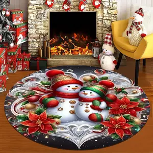 1pc, Festive Snowman & Poinsettia Round Area Mat – Soft, Cozy Flannel, Machine Washable, Perfect for Entryway, Playroom, Living Room, Study, Bedroom Holiday Decor, Christmas Decor