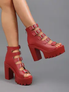 Women's Fish Mouth Design High Heel Strappy Platform Sandals, Thick Sole Chunky Heels, Multi-Buckle Strap, Slimming & Height-Enhancing, Versatile Summer Shoes