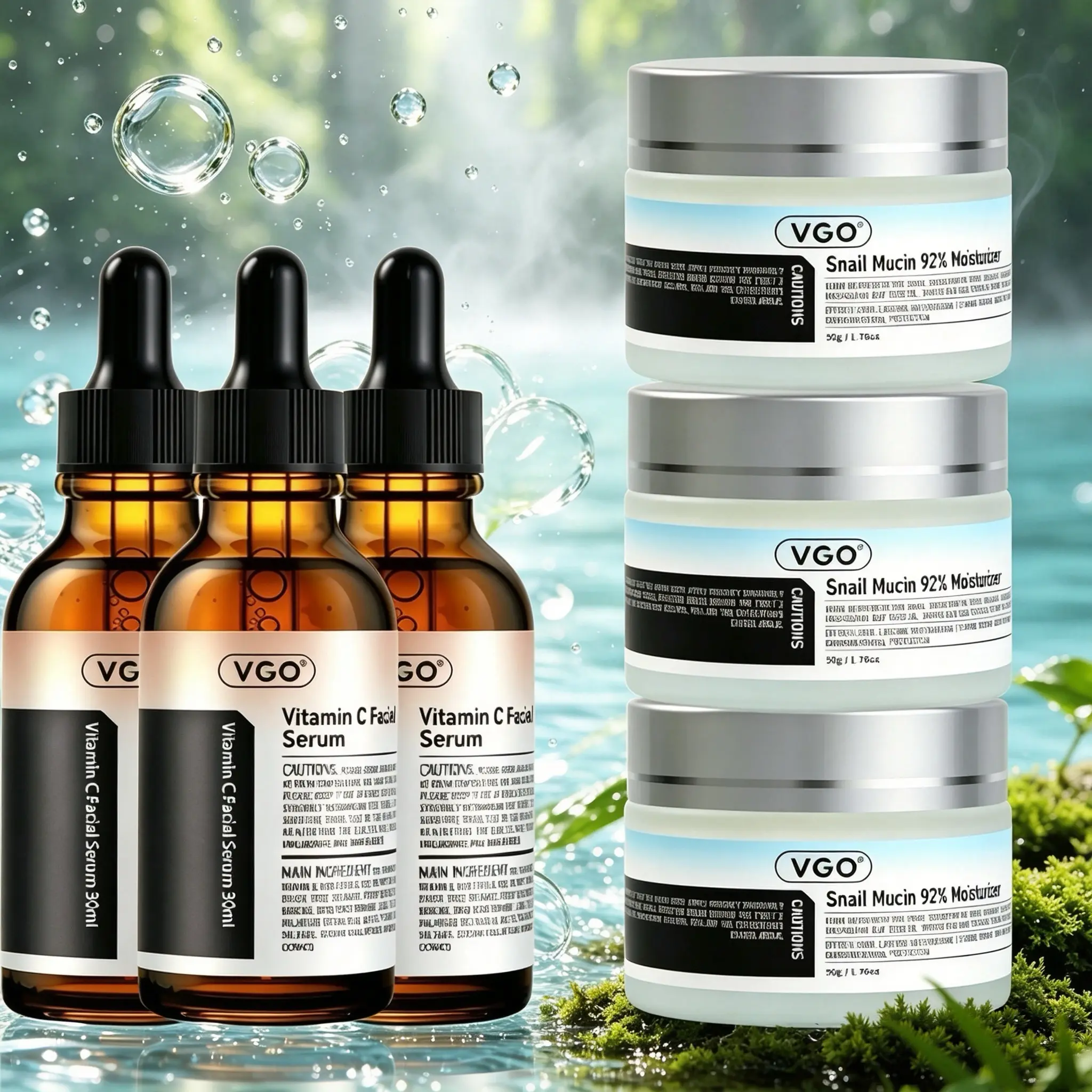VGO Vitamin C Face Serum,Glow Up Skincare Set Snail Mucin 92% Moisturizer Daily Face Gel Cream for All Skin Types, 50g Hydrate Nourishing Facil Serum，30ml/ 60ml Comfort Skincare Face Serum Hydrating Gentle Face Set Glow Up Bundle Moisture