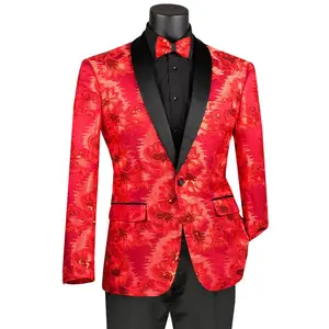 Mens Slim Fit Shiny Floral Sequin Prom Tuxedo Dinner Jacket in Red