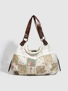 Rural style niche design floral pattern tote bag, retro lace lace design, large capacity lazy style fashionable personality exquisite style shoulder bag, suitable for beach vacation and outdoor travel, Fashionable Patterned Bag