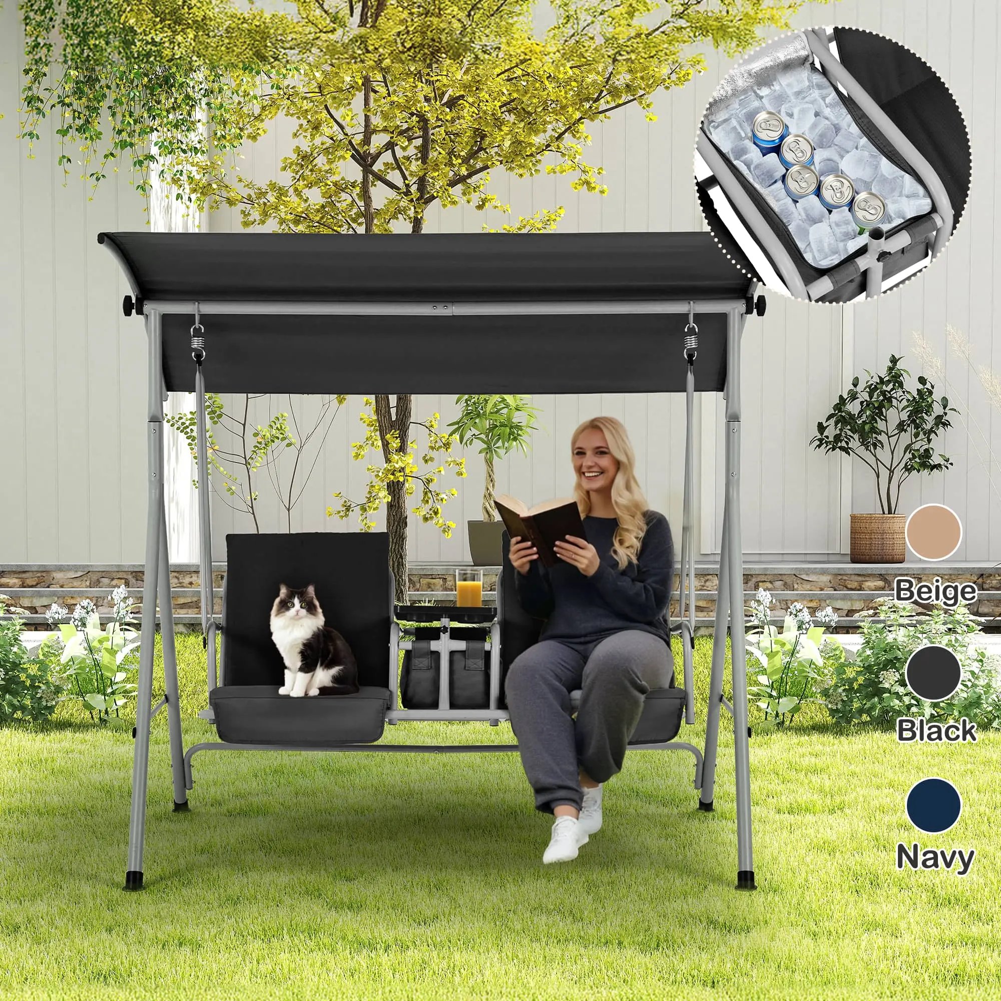EROmmY Patio Glider Swing - 2-Person Outdoor Furniture Set for Adults, Adjustable Canopy, Steel Frame, Removable Cushions, Pivot Storage Table, 2 Cup Holders, Ice Bag, 650 lbs Capacity, for Porch, Garden