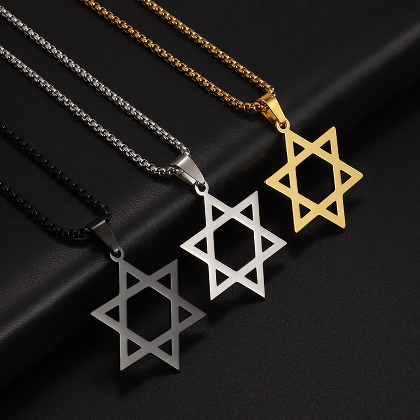 Stainless steel necklace golden/silver/black glossy six-pointed star necklace men's daily wear gift