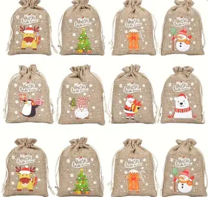 Unisex 24-Piece Reusable Linen Christmas Drawstring Gift Bags - Santa, Reindeer, Snowman, Christmas Tree Designs, Festive Party Supplies, Gift Packaging