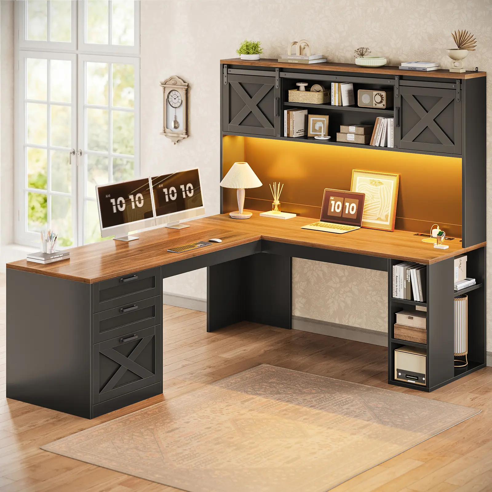 Sedeta 67" Farmhouse L-Shaped Laptop Desk - Engineered Wood Home Office Workstation with Sturdy Frame, Hutch, Drawers, Sliding Doors, Storage Shelves, Power Outlets, USB Ports, LED Lights, 2+ Piece Support