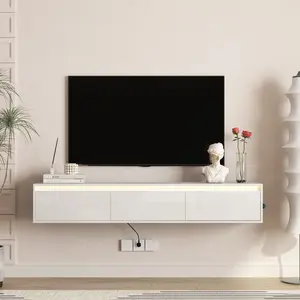65'' Floating TV Stand, Wall Mounted TV Shelf with Led Lights & Power Outlet,High Gloss TV Cabinet for White tv Stands for Living Room