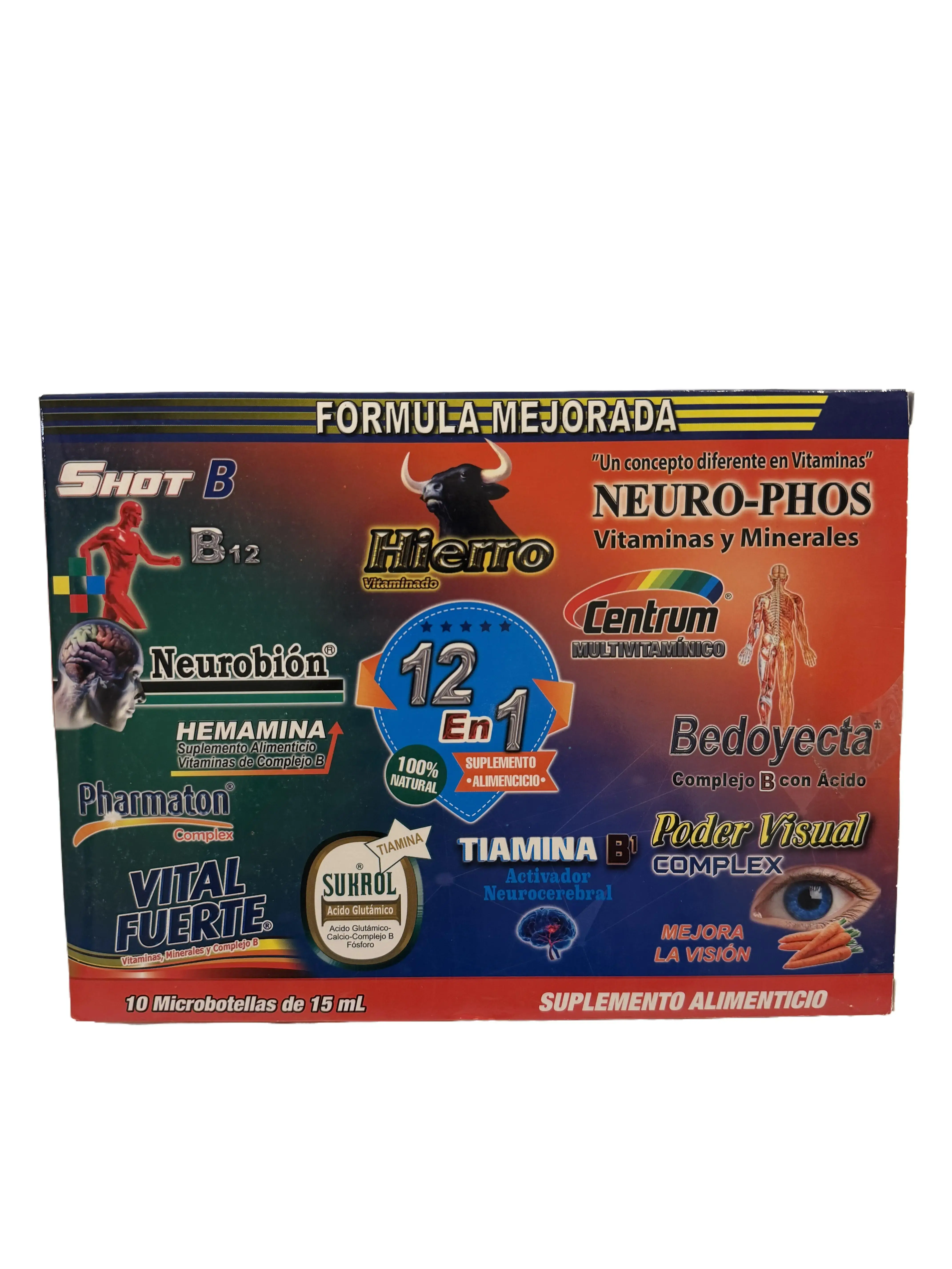 12-in-1 Vitamin Nutritional Supplement Vials - 10 x 15mL, with Vitamin B1,B3,B6,B12 & Folic Acid, for Energy Boost,Immune Support,Brain Health,Mental Boost, Fitness Supplement