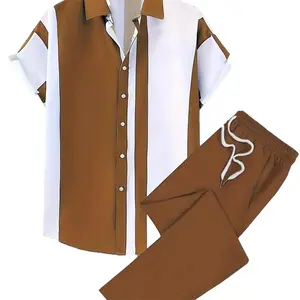 New summer men’s set featuring color-block patchwork, a collared T-shirt, and long pants—comfortable short-sleeve top and long pants loungewear two-piece with color-block prints; casual, versatile style. #fathersdaygift #SummerWins