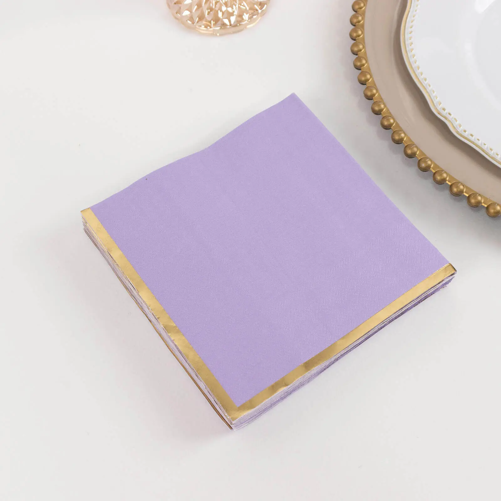 Disposable Paper Napkins Bulk - 50-Pack 2-Ply 6.5"x6.5" Square Lavender with Gold Foil Edge, Soft for Party, Wedding, Birthday, Ideal for Event Planners, Home Disposable Tableware with Bulk Packaging