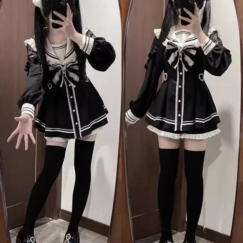 Women's Jirai Kei Sailor Black Lace Patchwork Slim-Fit Dress with Inner Shorts Set, JK School Uniform Costumes, Women's Clothes for Girls, Jk Uniform