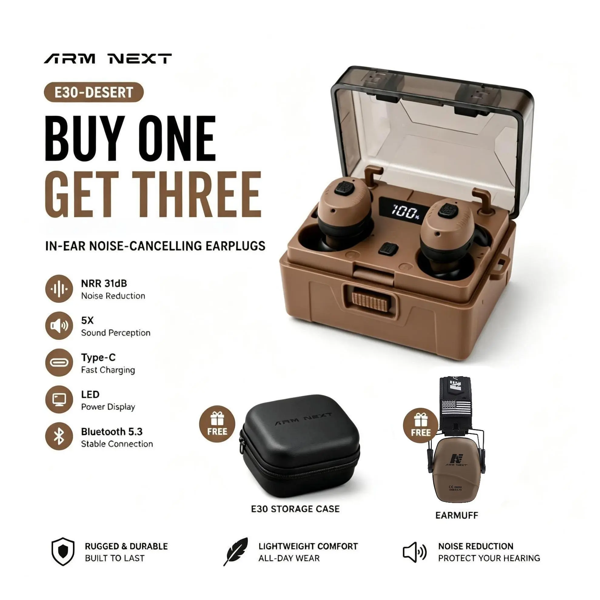 (A Free gift) ARM NEXT FieldOps Tactical Earbuds E30 Hearing Protection with Bluetooth, 31dB Noise Reduction for Shooting Wireless Tactical Earbuds with Sound Pickup, Bluetooth 5.4, 50H Playtime, LED Display, for Hunting & Work outdoorfun fathersdayg,fath